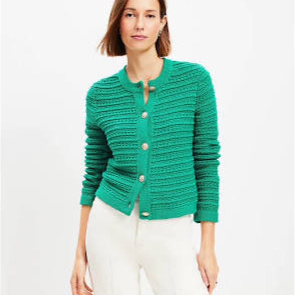 LOFT Green Cardigan Sweater with Textured Stripes